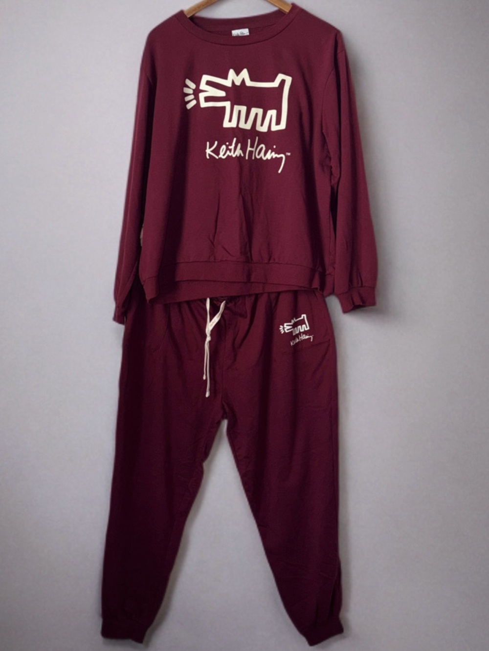 Keith Haring Burgundy Graphic Sweatshirt Jogger 2 Piece Set XXL